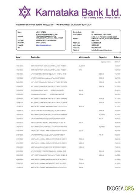 Modèle Word et PDF de relevé bancaire du Karnataka en Inde pour le compte